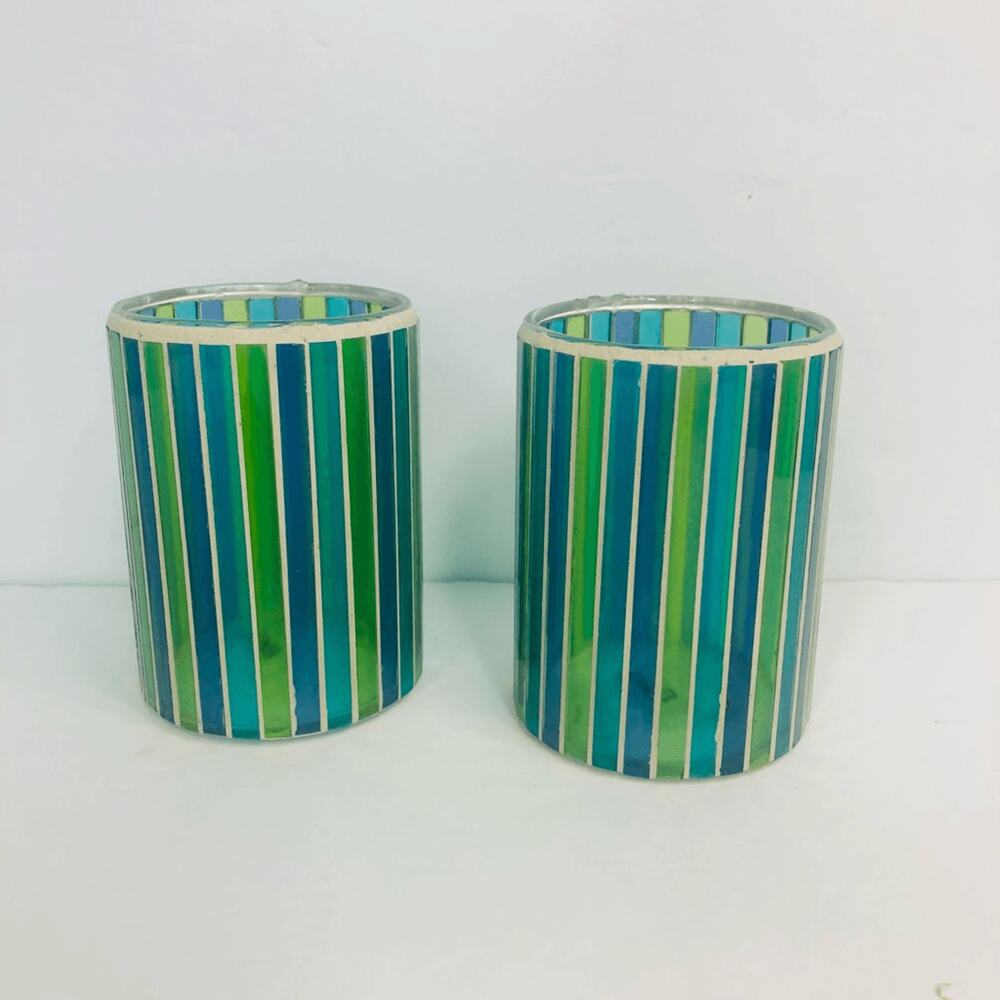 vintage y2k mosaic stripe‎ candle votives tag aqua blue green 3.75”x2 7/8”
